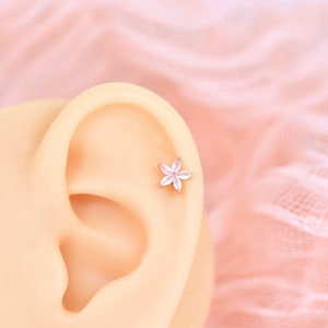 Pink Moonstone Crystal Rose Gold Flower aloha Stud Earring Helix Cartilage Daith Tragus Conch Rook Piercing