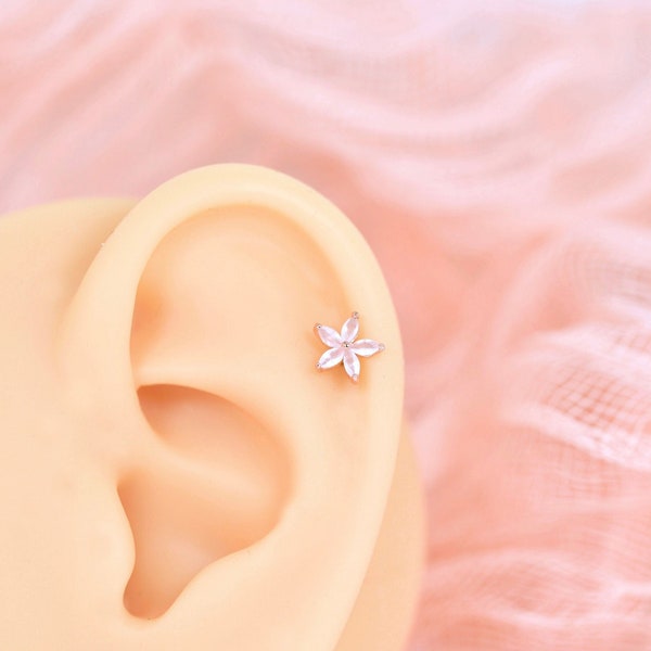 Pink Moonstone Crystal Rose Gold Flower aloha Stud Earring Helix Cartilage Daith Tragus Conch Rook Piercing