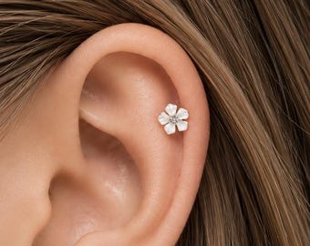 Flower Stud Earring, Surgical Steel Helix Conch Piercing (16G)