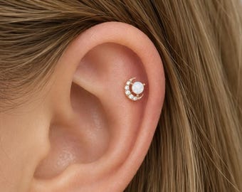 Crescent Moon Moonstone Stud Earring, Helix Conch Tragus Jewelry