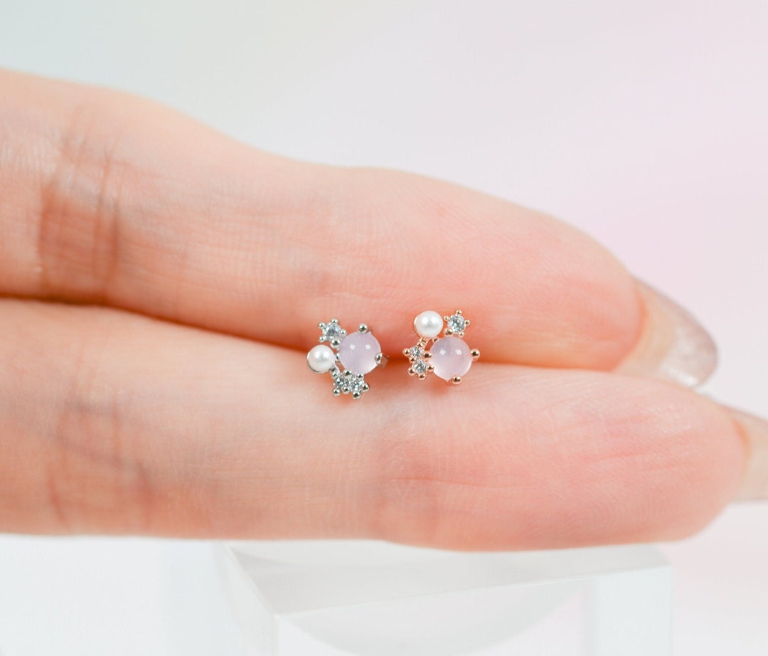 Pink Moonstone With Crystals Ear Piercings Earrings Cartilage Earrings