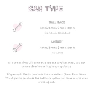 May include: Image showing bar type options for body jewelry. Includes Ball Back and Labret styles, with sizes ranging from 4mm to 10mm. The text also specifies gauge sizes and materials.