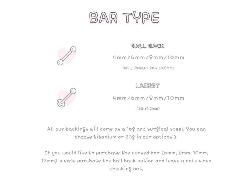 May include: Image showing bar type options for body jewelry. Includes Ball Back and Labret styles, with sizes ranging from 4mm to 10mm. The text also specifies gauge sizes and materials.