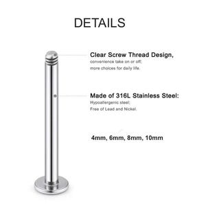 May include: A silver-colored metal labret stud with a flat circular base and a threaded post. Text labels indicate a clear screw thread design and 316L stainless steel material. Available lengths listed are 4mm, 6mm, 8mm, and 10mm.