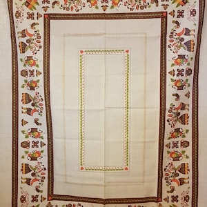 Large 170 x 140 cm / 5.58 x 4.6 ft Swedish Vintage Linen Tablecloth With Beautiful Folklore Patterns