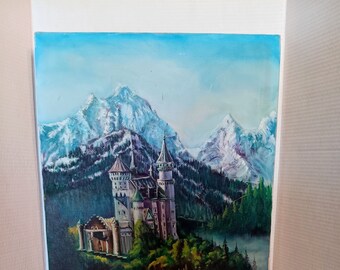 Vintage Neuschwanstein Castle oil on canvass painting