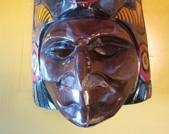 Vintage, colorful hand carved Native Mayan Tecun Uman wooden mask from Guatemala