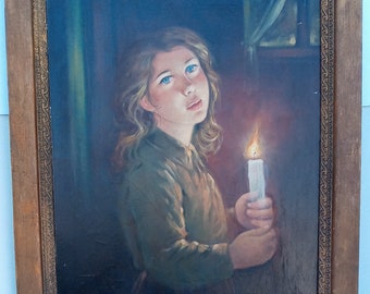 Original Italian oil on canvas painting of girl with candle.