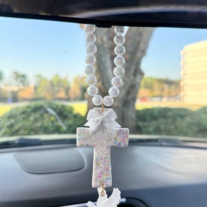 Handmade Pastel Speckled Cross Car Charm with Dove | Christian Rearview Mirror Accessory