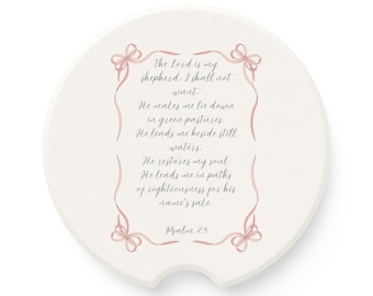 Psalm 23 Scripture Pink Bow Car Coaster | Christian Car Accessory