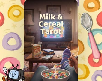 May include: A Milk & Cereal Tarot deck box featuring a living room scene with a television, a cereal box, and a bowl of colourful cereal. The text reads Milk & Cereal Tarot and Divine Moon Empress. A spoon with pink handle is shown to the side.