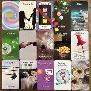 May include: A set of 16 cards with colorful backgrounds and images. Each card has a title and a short description. The titles include "Soon", "Friendship", "Blocked", "Trips", "Move on", "Mutual", "Celebrations", "Sleeping on the Sofa", "Shoot your shot", "Can I take you out?", "Relocate", "Dating", "Getting to know you", "Cater 2 U Destiny's Child", and "Hanging on".