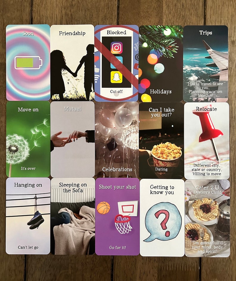 May include: A set of 16 cards with colorful backgrounds and images. Each card has a title and a short description. The titles include "Soon", "Friendship", "Blocked", "Trips", "Move on", "Mutual", "Celebrations", "Sleeping on the Sofa", "Shoot your shot", "Can I take you out?", "Relocate", "Dating", "Getting to know you", "Cater 2 U Destiny's Child", and "Hanging on".