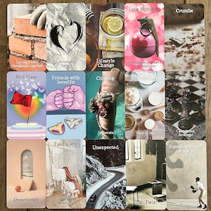 May include: A set of 16 cards with colorful illustrations and text. The cards feature phrases like "Rebuild", "Out of Spite", "Love Bombing", "Crumbs", "Red Flags", "Friends with Benefits", "Clinging", "Preparing", "Planning", "Opportunity", "Take a Seat", "Unexpected", "Standing in My Own Way", "Trust, Relax, Let Go, Surrender", "Plot Twist", and "Calculated Strategic".