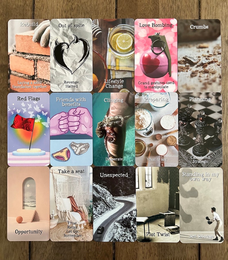 May include: A set of 16 cards with colorful illustrations and text. The cards feature phrases like "Rebuild", "Out of Spite", "Love Bombing", "Crumbs", "Red Flags", "Friends with Benefits", "Clinging", "Preparing", "Planning", "Opportunity", "Take a Seat", "Unexpected", "Standing in My Own Way", "Trust, Relax, Let Go, Surrender", "Plot Twist", and "Calculated Strategic".