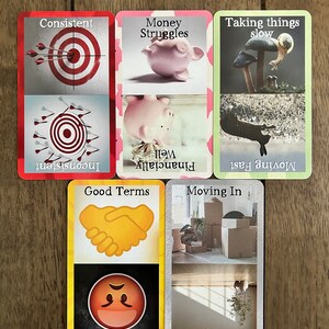 May include: Five colorful cards with different images and text. The cards are laid out in a row on a wooden surface. The text on the cards includes "Consistent", "Money Struggles", "Taking things slow", "Good Terms", "Bad Terms", "Moving In", and "Moving Out".
