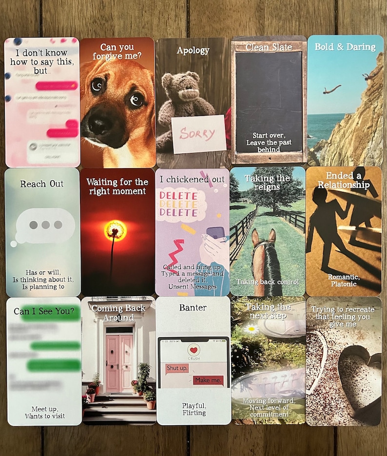 May include: A set of 16 cards with colorful illustrations and text. The cards feature phrases like "Can you forgive me?" and "I chickened out".