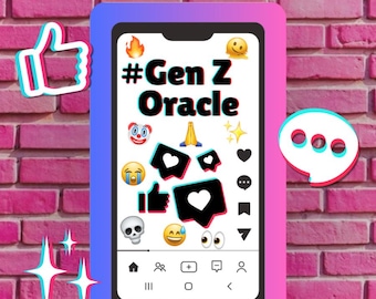 May include: A digital graphic featuring a smartphone interface with the text #Gen Z Oracle and Divine Moon Empress. The screen displays various emojis including a clown, skull, fire, and hearts, alongside social media icons like thumbs up and speech bubbles.