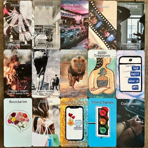 May include: A set of 16 tarot cards with colorful illustrations and text. The cards are arranged in four rows of four cards each. The cards feature themes such as imitation, workplace, airing out the dirty laundry, exposed, fighting, fake, feeding into it, on the prowl, the chase is on, silent treatment, ghosted, making it bigger than it needs to be, karmic energy, wants you, coming for you, boundaries, impulse, hot and cold, mixed signals, and commitment.