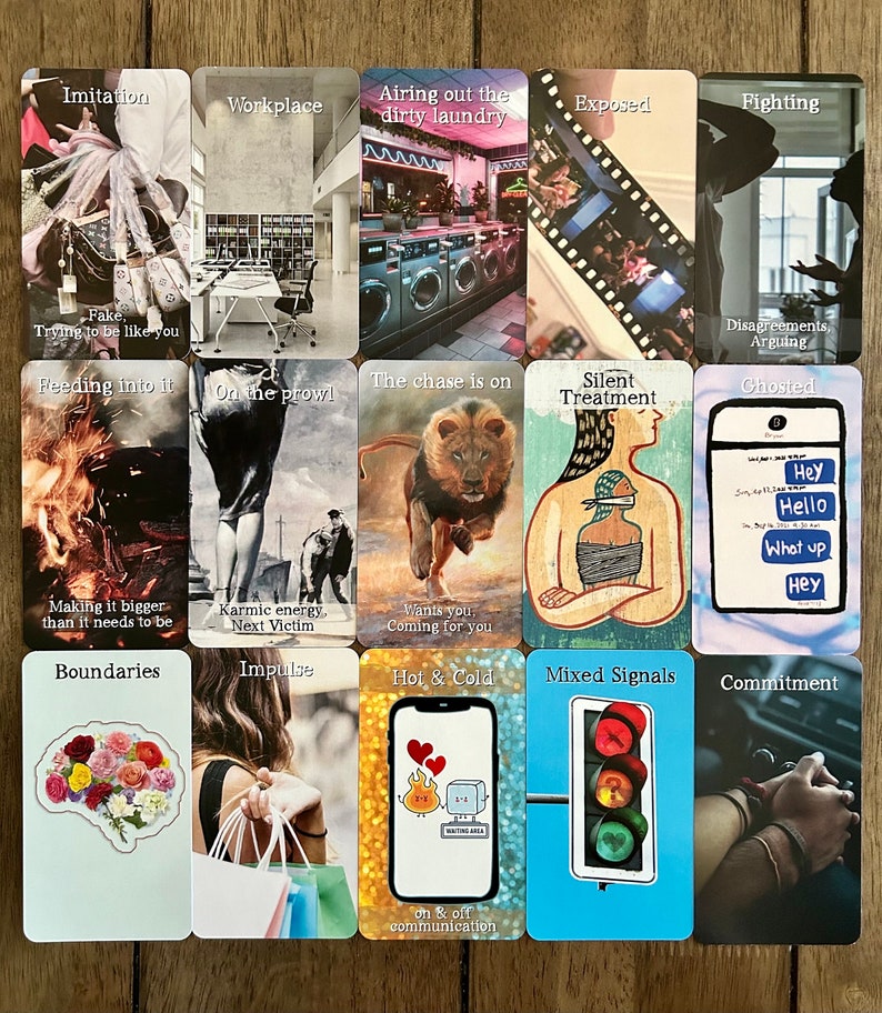 May include: A set of 16 tarot cards with colorful illustrations and text. The cards are arranged in four rows of four cards each. The cards feature themes such as imitation, workplace, airing out the dirty laundry, exposed, fighting, fake, feeding into it, on the prowl, the chase is on, silent treatment, ghosted, making it bigger than it needs to be, karmic energy, wants you, coming for you, boundaries, impulse, hot and cold, mixed signals, and commitment.