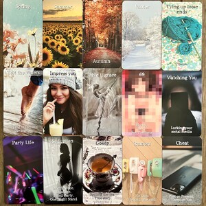 May include: A set of 16 tarot cards with colorful images and text. The cards are arranged in a grid of four rows and four columns. The cards feature themes such as spring, summer, autumn, winter, party life, seduction, gossip, rumors, cheat, watching you, impress you, test the waters, give it grace, tying up loose ends, 69, and closure.