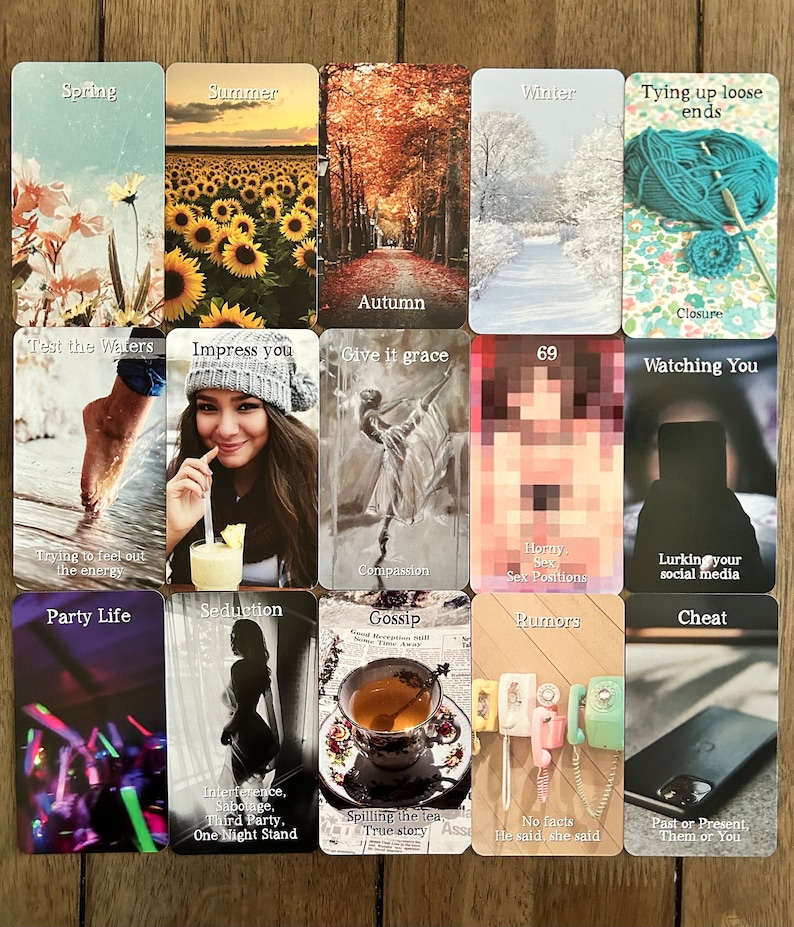 May include: A set of 16 tarot cards with colorful images and text. The cards are arranged in a grid of four rows and four columns. The cards feature themes such as spring, summer, autumn, winter, party life, seduction, gossip, rumors, cheat, watching you, impress you, test the waters, give it grace, tying up loose ends, 69, and closure.