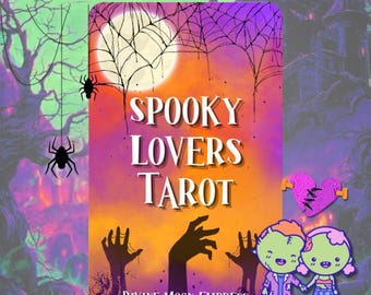 Könnte beinhalten: Eine rechteckige Tarotkartenschachtel mit dem Titel Spooky Lovers Tarot von Divine Moon Empress. Das Design zeigt einen Vollmond, Spinnennetze und Silhouetten von ausgestreckten Händen vor einem orange-violetten Farbverlauf mit Cartoon-Zombies.