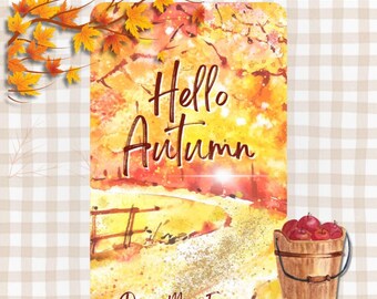 Può includere: Una carta oracolo rettangolare con un'illustrazione ad acquerello di un paesaggio autunnale con alberi gialli e arancioni, un sentiero e una staccionata in legno. Il testo recita Hello Autumn e Divine Moon Empress. È raffigurato un secchio di legno con mele rosse.