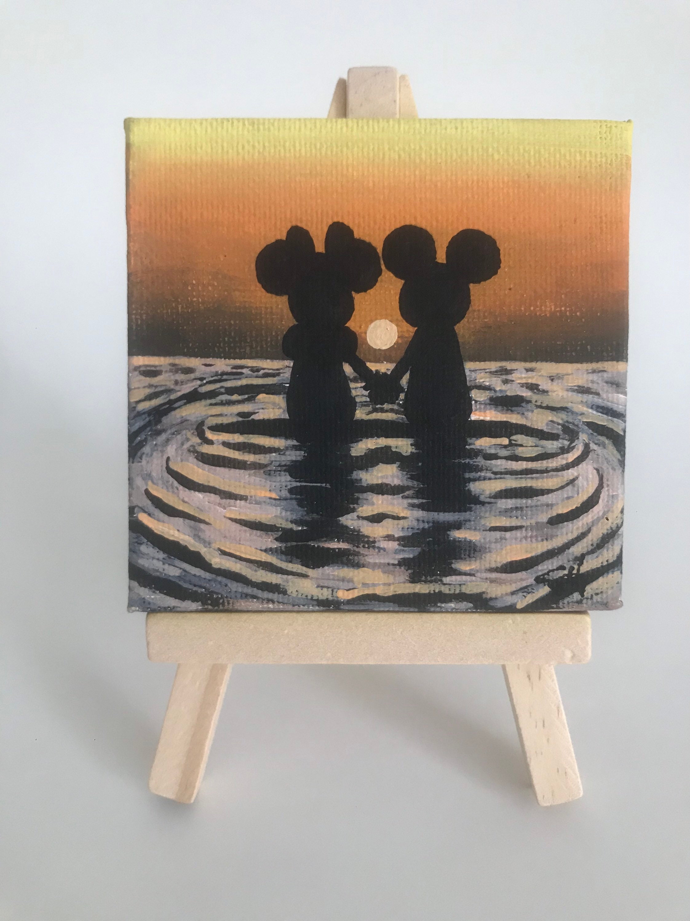 Original Mickey and Minnie Surfing Sunset Painting With Easel - Etsy