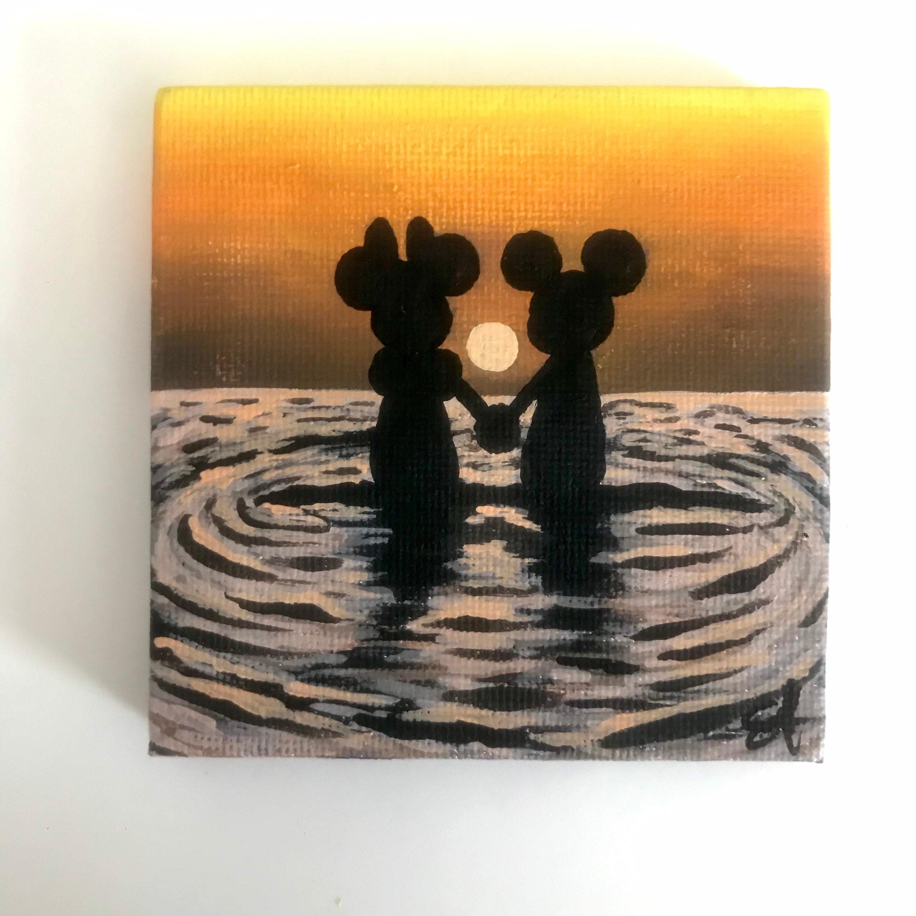 Original Mickey and Minnie Surfing Sunset Painting With