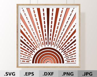 Puede incluir: Un archivo de diseño digital para un proyecto de artesanía en papel en capas. El diseño presenta un patrón de rayos de sol con círculos concéntricos en tonos naranja y rojo. El texto "7 LAYERS. CUTTING FILES" está en la parte superior de la imagen.
