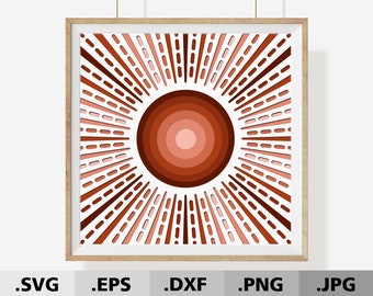 Puede incluir: Una obra de arte en papel en capas enmarcada, con un diseño de sol en tonos marrones y melocotón. La obra de arte tiene un centro circular y líneas radiantes. El texto en la parte superior dice "7 LAYERS. CUTTING FILES". Los formatos de archivo .SVG, .EPS, .DXF, .PNG y .JPG se enumeran en la parte inferior.