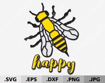 Archivos SVG de abeja en capas 3D para Cricut Silhouette. Abeja melífera 3D svg. Sé feliz. VERANO SVG. Archivos digitales para corte. Arte de papel. Corte láser.