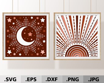 3D Boho shadow box bundle SVG. Sun Moon layered SVG files for Cricut. Modern Sun Moon svg. Boho wall art decor. Digital files. 3D Layered