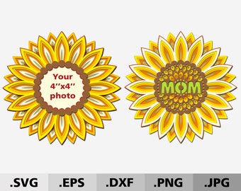 Puede incluir: Dos diseños de girasol de papel en capas. Un diseño tiene un marco de fotos de 10 cm x 10 cm en el centro. El otro diseño tiene la palabra "MAMÁ" en el centro. Ambos diseños tienen colores amarillo, naranja y marrón.