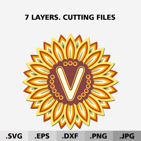 Letter V 3D Mandala SVG. Alphabet laser cut files. Sunflower monogram svg. Layered Mandala SVG files for cricut. Multilayer Letter DXF svg