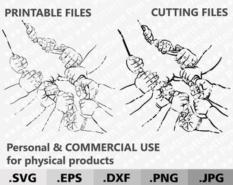 Puede incluir: Ilustración en blanco y negro de líneas de múltiples manos entrelazadas en un círculo. La imagen está etiquetada como "Archivos imprimibles" y "Archivos de corte" e incluye el texto "Uso personal y comercial para productos físicos" y los tipos de archivos: .SVG, .EPS, .DXF, .PNG, .JPG.