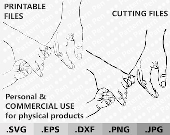 Puede incluir: Ilustración en blanco y negro de línea de tres manos que se agarran los dedos. La imagen está etiquetada como "Archivos imprimibles" y "Archivos de corte". El texto "Uso personal y comercial para productos físicos" también está incluido. La imagen incluye los tipos de archivos: .SVG, .EPS, .DXF, .PNG, .JPG.