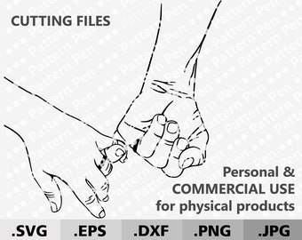 Puede incluir: Ilustración en blanco y negro de dos manos que se toman de la mano. El texto "CUTTING FILES" está en la parte superior de la imagen. El texto "Personal & COMMERCIAL USE for physical products" está en la parte inferior de la imagen. El texto ".SVG .EPS .DXF .PNG .JPG" está en la parte inferior de la imagen.