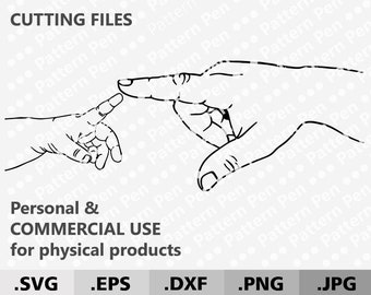 Puede incluir: Ilustración en blanco y negro de dos manos que se tocan, con el texto "CUTTING FILES" en la parte superior y "Personal & COMMERCIAL USE for physical products" debajo de la imagen. Los formatos de archivo disponibles se enumeran debajo del texto: .SVG, .EPS, .DXF, .PNG, .JPG.