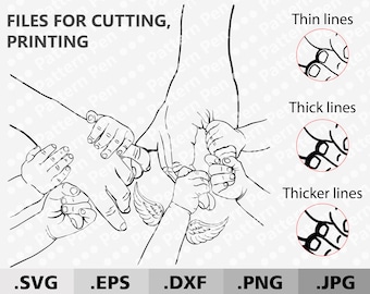 Puede incluir: Ilustración en blanco y negro de manos tomadas de la mano, con el texto "FILES FOR CUTTING, PRINTING". Incluye iconos de tipo de archivo: .SVG, .EPS, .DXF, .PNG y .JPG. También muestra variaciones de grosor de línea.