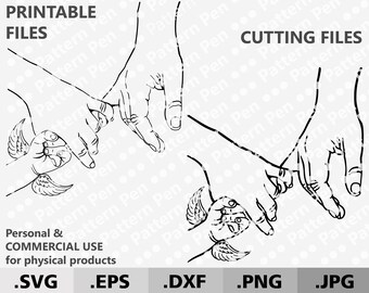 Puede incluir: Ilustración en blanco y negro de dos manos adultas sosteniendo las manos de un niño pequeño. Las manos del niño tienen alas de ángel. El texto "PRINTABLE FILES" y "CUTTING FILES" está en la parte superior de la imagen. El texto ".SVG .EPS .DXF .PNG .JPG" está en la parte inferior de la imagen.