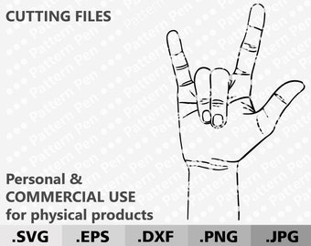 Puede incluir: Ilustración en blanco y negro de una mano haciendo el signo de lenguaje de señas 'Te amo'. La mano se muestra con los cinco dedos extendidos, con el índice y el meñique extendidos hacia arriba, el dedo medio doblado en el primer nudillo, y el pulgar y el anular doblados en el primer nudillo y tocando la palma.