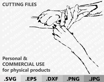 Puede incluir: Ilustración en blanco y negro de dos manos que se sostienen. Las manos están entrelazadas y la imagen es un símbolo de amor, amistad y unidad. El texto "CUTTING FILES" está en la parte superior de la imagen. El texto "Personal & COMMERCIAL USE for physical products" está debajo de la imagen. El texto ".SVG .EPS .DXF .PNG .JPG" está en la parte inferior de la imagen.