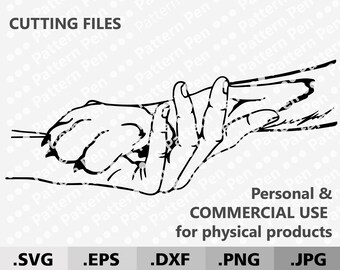 Puede incluir: Ilustración en blanco y negro de dos manos que se sostienen. El texto "CUTTING FILES" está en la parte superior de la imagen. Debajo de la imagen, hay un texto que dice: "Personal & COMMERCIAL USE for physical products" y los tipos de archivos: ".SVG .EPS .DXF .PNG .JPG".