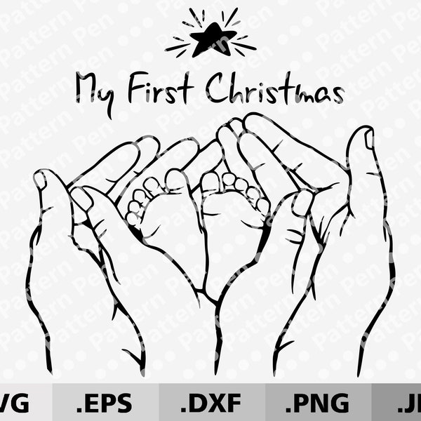 My first Christmas gift family hands in a heart SVG. First xmas as parents. Parents and newborn kid holding hands Svg for Cricut/Silhouette