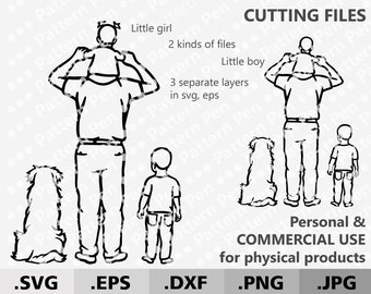 Puede incluir: Ilustración en blanco y negro de líneas de un padre llevando a un niño en sus hombros, un niño de pie a su lado y un perro sentado. El texto "CUTTING FILES" está en la parte superior de la imagen. El texto ".SVG .EPS .DXF .PNG .JPG" está en la parte inferior de la imagen. El texto "Personal & COMMERCIAL USE for physical products" está en la esquina inferior derecha de la imagen.