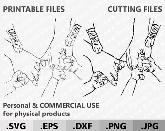 Puede incluir: Ilustración en blanco y negro de línea de arte de cinco manos que se sostienen entre sí. Las manos están en un círculo, con los dedos entrelazados. La imagen está titulada "Archivos imprimibles" y "Archivos de corte". El texto "Uso personal y comercial para productos físicos" está debajo de la imagen. Debajo de eso hay una fila de cinco tipos de archivos: .SVG, .EPS, .DXF, .PNG y .JPG.