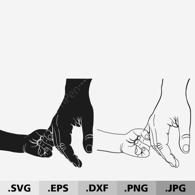 May include: Black and white line art illustration of two hands holding each other's fingers. The hands are drawn in a simple style, with the fingers intertwined. The image is a symbol of love, friendship, and family.