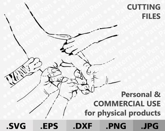 Puede incluir: Ilustración en blanco y negro de cinco manos entrelazadas. El texto "CUTTING FILES" está en la esquina superior derecha de la imagen. El texto "Personal & COMMERCIAL USE for physical products" está en la esquina inferior derecha de la imagen. El texto ".SVG .EPS .DXF .PNG .JPG" está en el centro inferior de la imagen.